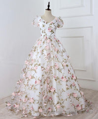 White V Neck 3D Flowers Long Prom Dress, White Evening Dress
