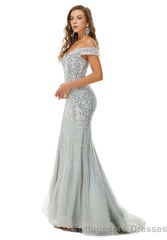 Off Shoulder Mermaid Evening Dresses, Luxurious Silver Bead Trumpet Formal Prom Dress