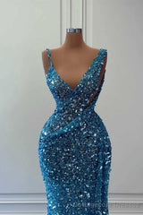 Blue Sleeveless Long Mermaid Sequins Prom Dress