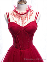 Red Spaghetti Strap Tulle Party Dress, Red Floor Length Prom Dress