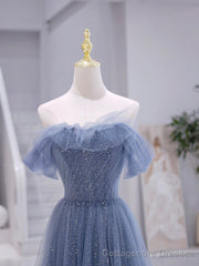 Blue Strapless Tulle Long Prom Dress, Blue A-Line Evening Dress