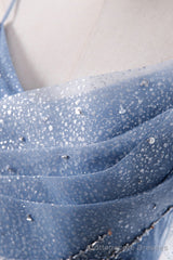 Blue Tulle Long A-Line Prom Dresses, Blue Spaghetti Strap Evening Dresses