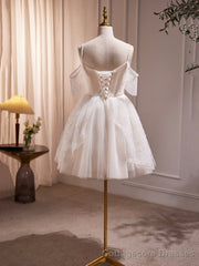 Ivory V-Neck Beaded Straps Party Dress, Ivory Knee Length Prom Dress