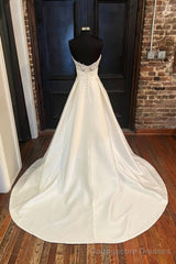 White Satin Long Prom Dress, A-Line Sweetheart Neck Evening Dress