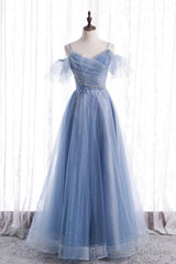 Blue Tulle Long A-Line Prom Dresses, Blue Spaghetti Strap Evening Dresses