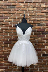White V-Neck Tulle Lace Short Prom Dresses, Lace Evening Dresses