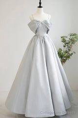 Gray Satin Long A-Line Prom Dress, Off the Shoulder Evening Dress with Pearls