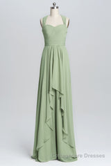 Halter Sage Pleated Ruffles Long Bridesmaid Dress