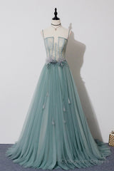 Green Lovely Tulle Straps Long A-Line Prom Dresses, Green Evening Dresses