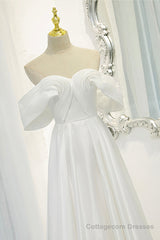 White Satin Long Prom Dress, Off the Shoulder Evening Dress