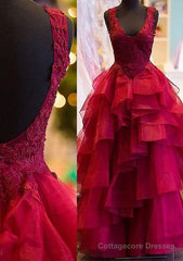 Red Prom Dresses, Ball Gown Square Neckline Sleeveless Long/Floor-Length Organza Prom Dress With Ruffles Appliqued Beading