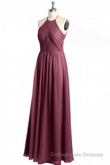 Mauve Chiffon Halter Backless A-Line Long Bridesmaid Dress