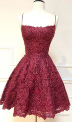 Formal Short Homecoming Dresses, Spaghetti Straps Cocktail Party Dresses, Burgundy Lace Homecoming Dresses, 2476