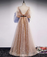 Champagne Sweetheart Tulle Long Prom Dress, Tulle Formal Dress
