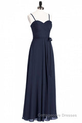 Black Chiffon Sweetheart Spaghetti Straps A-Line Long Bridesmaid Dress
