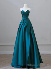 Simple Blue Satin Strapless Prom Dress