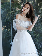 White Sweetheart Off Shoulder Tulle Lace Tea Length Prom Dress