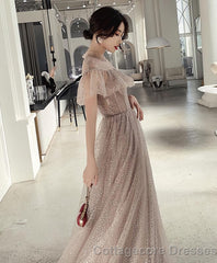 Champagne Tulle Sequin Long Prom Dress Tulle Formal Dress