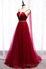 Burgundy Prom Dresses, Spagetti-Strap Sleeveless Prom Dress Tulle Ruffles with Beadings