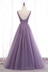 Elegant Lilac V-Neck Appiques Long Prom Dress