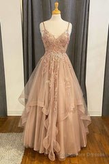 Champagne Lace Beaded V-Neck Straps A-Line Tiered Prom Dress