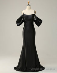 Black Off The Shoulder Criss-Cross Back Long Satin Prom Dress