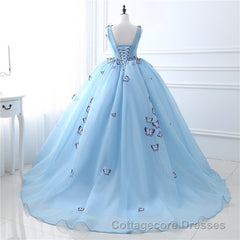 Blue Butterfly Flowers Lace Up Ball Gowns Long Prom Dresses