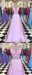 A Line V Neck 2 Pieces Pink Lace Prom Dresses, Pink 2 Pieces Lace Formal Graduation Evening Dresses, C0125