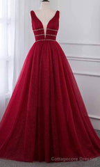 Stylish Deep Alluring V-neck Sleeveless Tulle Sexy A-line Rhinestones Prom Dress
