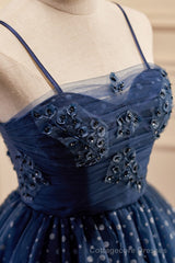 Dark Navy Spaghetti Straps Tulle Short Homecoming Dresses