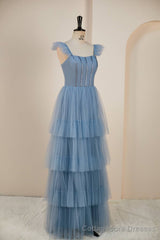 Dusty Blue Flutter Sleeves A-line Multi-Layers Long Prom Dress with Slit