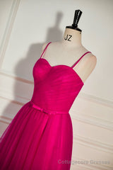 Fuchsia Straps A-line Tulle Tea-Length Prom Dress