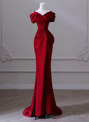 Wine Red Satin Mermaid Long Straps Long Party Dress, Wine Red Off Shoulder Prom Dress