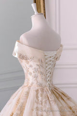 Off The Shoulder Ball Gown Sweetheart Wedding Dress, Long Appliques Bridal Dress