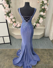 Purple V-Neck Corset Back Long Prom Dress With Appliques