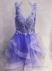 Purple Lace V-Neckline Short Homecoming Dress, Purple Short Prom Dress