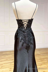 Black Long Appliques Prom Dress with Spaghetti Straps