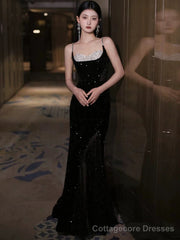 Black Sexy Mermaid Spaghetti Straps Sequin Long Prom Dresses