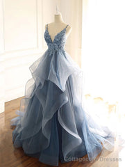V Neck Blue Gray Lace Prom Dresses, Blue Gray Lace Formal Graduation Prom Gown