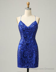 Royal Blue V-Neck Corset Back Homecoming Dress With Sequin