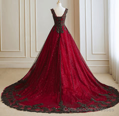 A-line Black and Red Tulle with Lace Party Dress, Black and Red Formal Dress