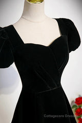 A-line Black Short Sleeves Velvet Long Party Dress, Black Simple Bridesmaid Dress