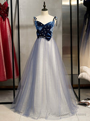 A-Line Blue Tulle Spaghetti Straps Beading Prom Dress 2020