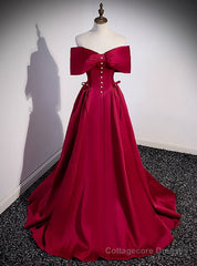 A-Line Burgundy Satin Off the Shoulder Pearls Prom Dress