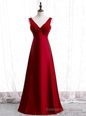 A-Line Burgundy Satin V-neck Beading Prom Dress