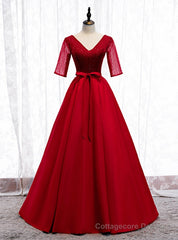 A-Line Burgundy Satin V-neck Short Sleeve Sequins Prom Dress
