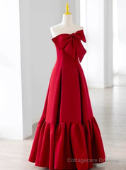 A-Line Burgundy Straples Bow Prom Dress