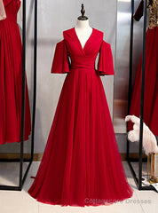A-Line Burgundy Tulle Deep V-neck Prom Dress