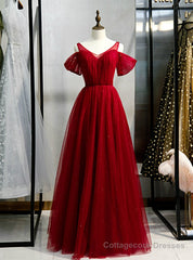 A-Line Burgundy Tulle V-neck Long Prom Dress