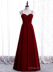 A-Line Burgundy Velvet Spagehtti Straps Pleats Prom Dress